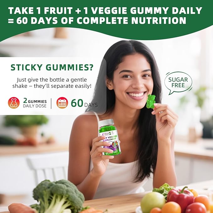 Sugar-Free Fruits &amp Veggies Gummies Super Greens with 23 Fruits &amp 25 Veggies Multivitamin Minerals &amp Fiber Vegan Fruit &amp Vegetable Supplement for Adults 120 Gummies 2 Month Supply