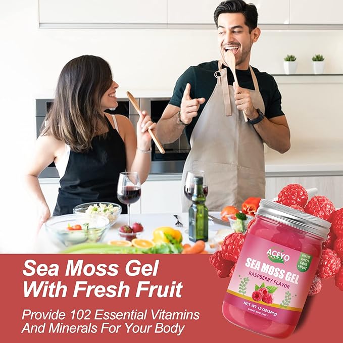 ACEYO (12 OZ) Irish Sea Moss Gel Organic Raw Vegan Raspberry Flavor 102 Vitamins and Minerals Wild Harvested Non-GMO Immune Defense Booster Thyroid Digestive Support