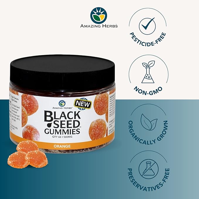 Amazing Herbs Organic Black Seed Oil Gummies - 500mg Per Serving Cold Pressed Black Cumin Seed Made with Nigella Sativa Helps Boost Immunity Supports Healthy Digestion - Orange Flavor 60 Count