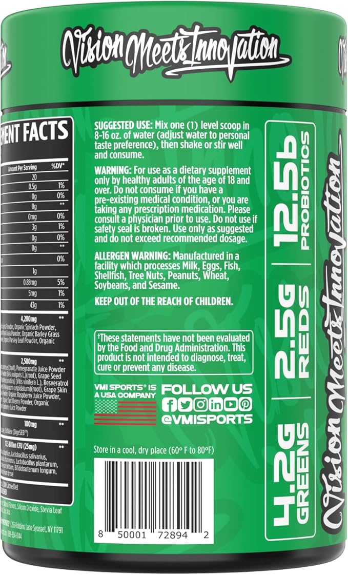VMI Sports Greens + Reds Advanced Superfood Immunity and Gut Health | Enzymes &amp Probiotics | 30 Servings (Chocolate)