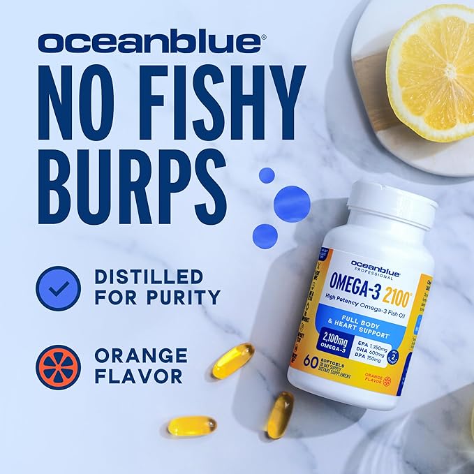 Oceanblue Professional Omega-3 2100mg Fish Oil Supplement - Triple Strength High Potency EPA DHA &amp DPA - Burpless Wild-Caught Natural Orange Flavor - 138 Softgels