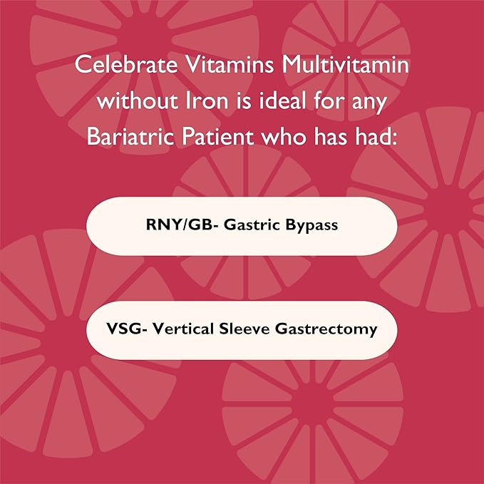 Celebrate Vitamins Bariatric Multivitamin Chewable Iron Free - Post Gastric Bypass &amp Sleeve Gastrectomy Supplement for Men &amp Women - Essential Minerals &amp Vitamin A B D &amp E - Orange