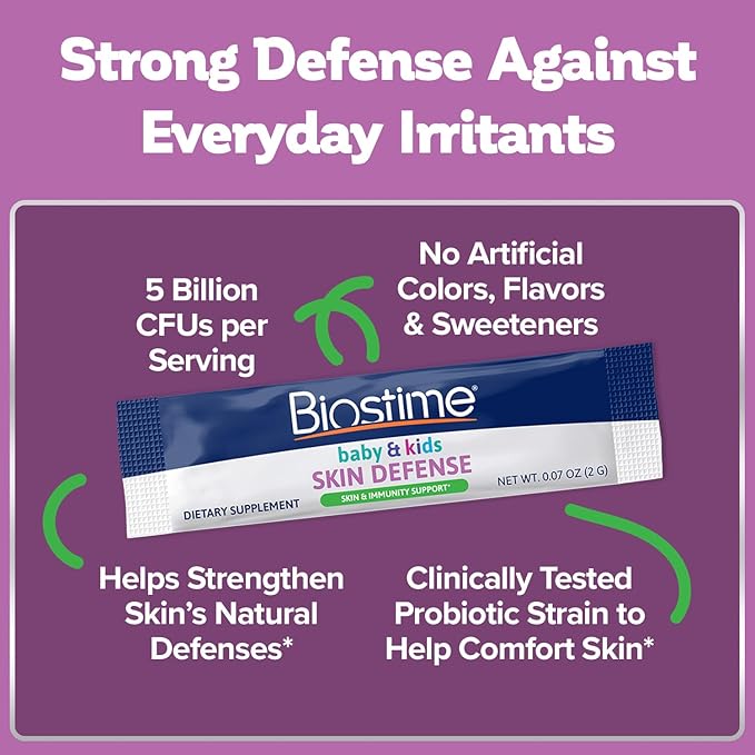 Biostime Baby &amp Kids Skin Defense | Helps Protect from Skin Inflammation † | 5 Billion CFUs | Gut Support | Clinically Tested Probiotics Strains | 28 Sachets