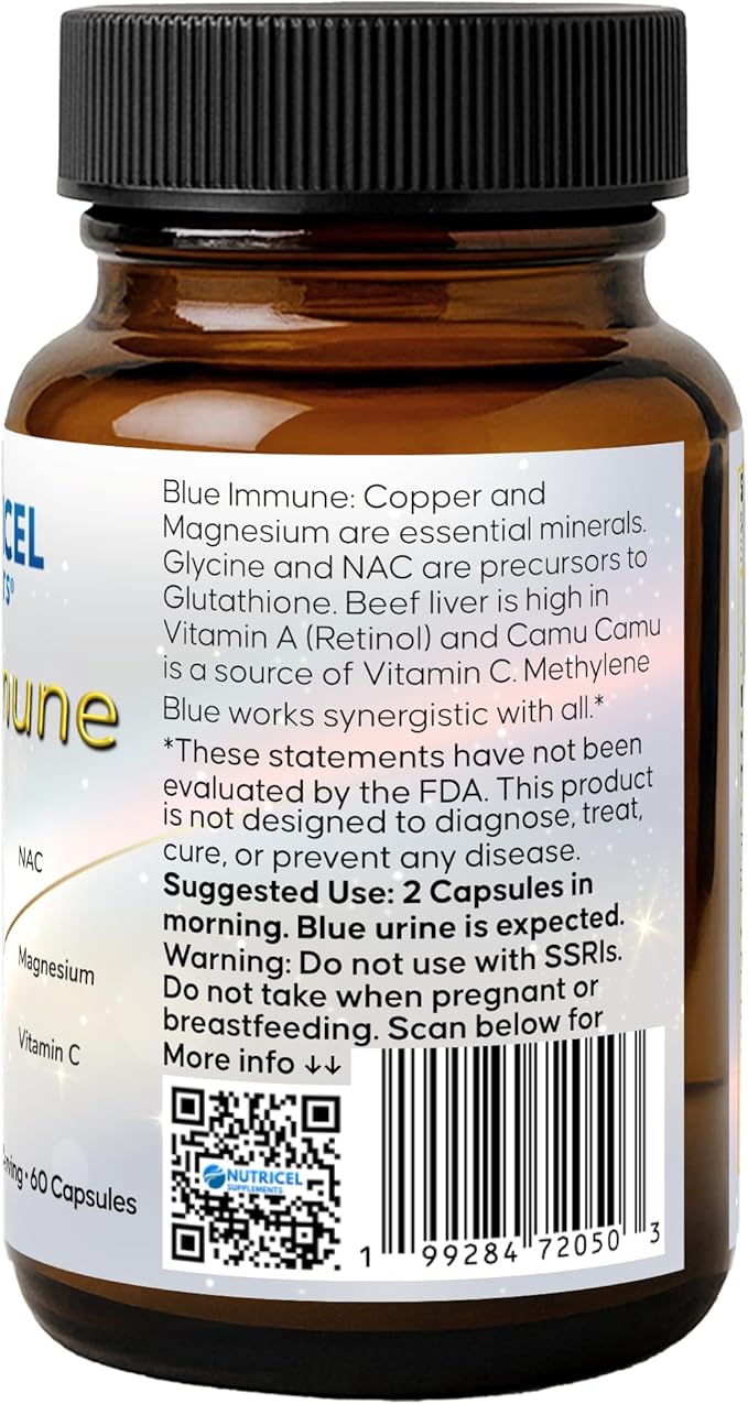 Nutricel Supplements Blue Immune 60 Capsules - Optimum Nootropic with USP Grade Methylene Blue Grass Fed Beef Liver Copper Magnesium Vitamin A E and C