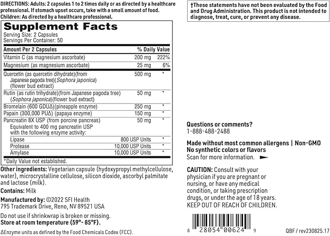 Klaire Labs SFI Health Quercetin-Bromelain Forte - Immune &amp Seasonal Support Enzymes with Pancreatic Proteolytic Bromelain Papain Enzymes &amp Bioflavonoids (100 Capsules)