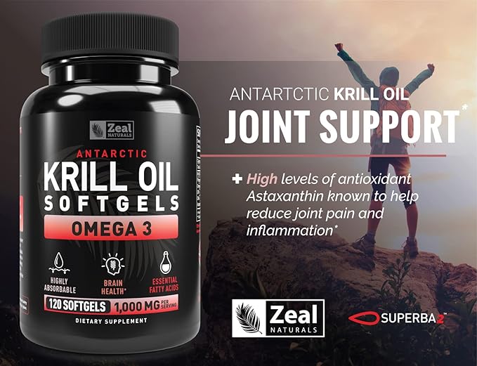 Antarctic Krill Oil 1000mg (120 Softgels) Omega 3 Fish Oil Supplement with EPA DHA &amp Astaxanthin - for Joint Brain and Heart Support for Men and Women