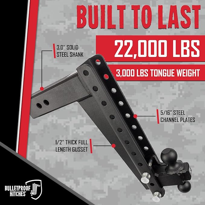 BulletProof Hitches - 3.0 Adjustable Heavy Duty Trailer Hitch (22000 lb. Rating) - 16 Drop/Rise Trailer Hitch with 2 &amp 2-5/16 Dual Ball - Powder Coat Solid Steel Corrosion-Resistant