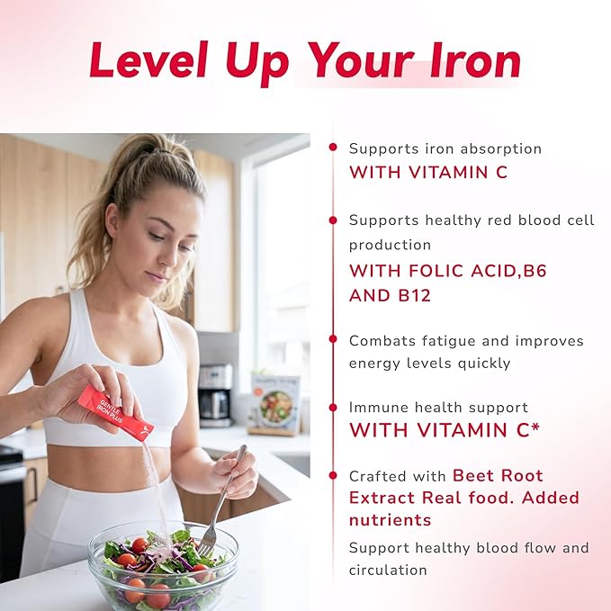 Iron Supplement for Women: Oral Dissolvable Iron Powder Gentle Iron Plus with 27mg Lipofer® Slow Release Iron with Vitamin C Folic Acid Beetroot Extract &amp B-Complex Vegan 20 Sticks