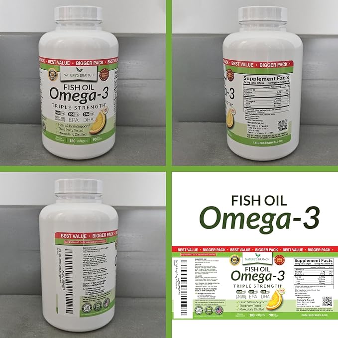 Triple Strength Omega 3 Fish Oil Supplements 2400mg | 180 Capsules Burpless High Potency Lemon Flavor High EPA DHA for Men &amp Women Ultra Pure Softgels | Joint Support Eyes Heart Brain Health P