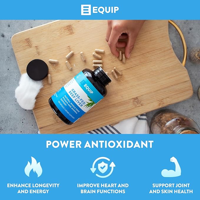Equip Foods Grass-Fed Beef Liver | Natural Desiccated Beef Liver Supplement | Support Heart Health Brain Function Digestion Metabolism Immunity Detoxification | 180 Capsules 30 Servings