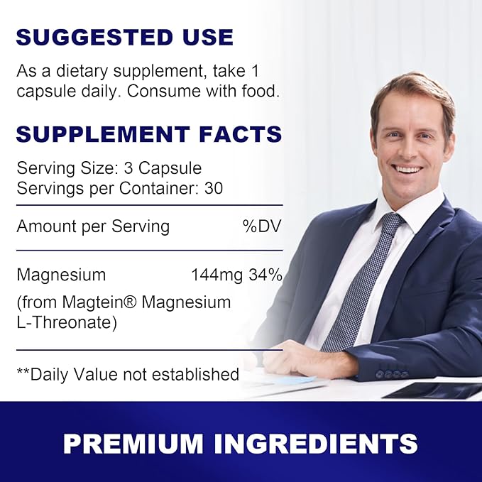 Magnesium L-Threonate Capsules Original Patented Magtein™ Form of Magnesium (Mg) Improve Memory Cognition and Sleep Quality (90 Capsules)