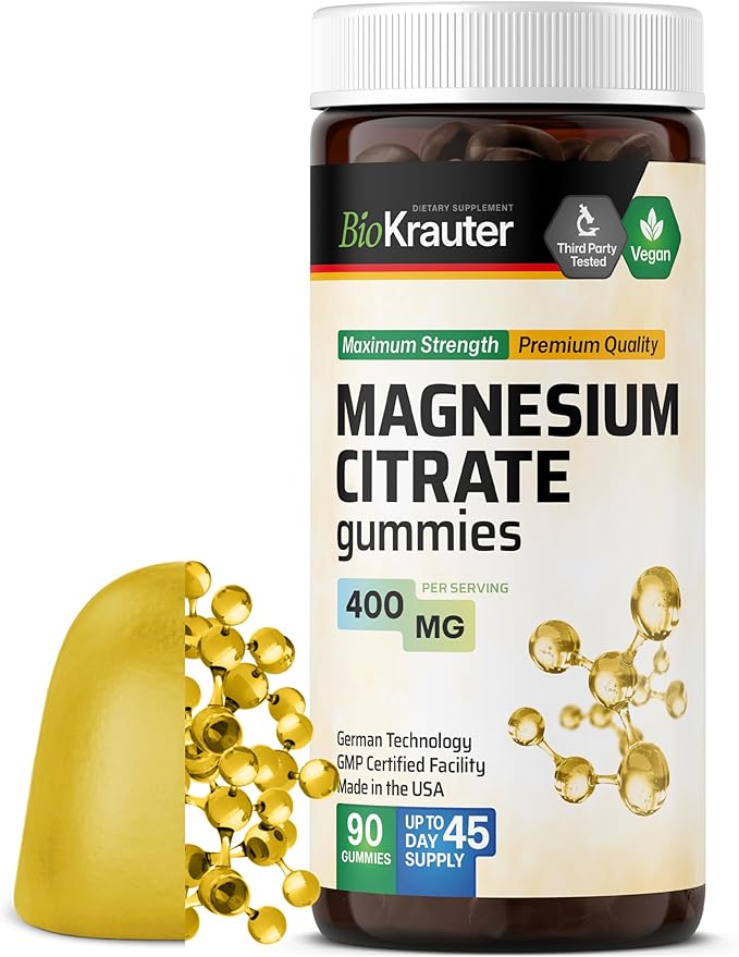 BIO KRAUTER Magnesium Citrate for Relaxation &amp Sleep Support - Magnesium Gummies 400 mg for Daily Wellness - Natural 90 Calm Gummies 45-Day Supply - Non-GMO Banana Flavor