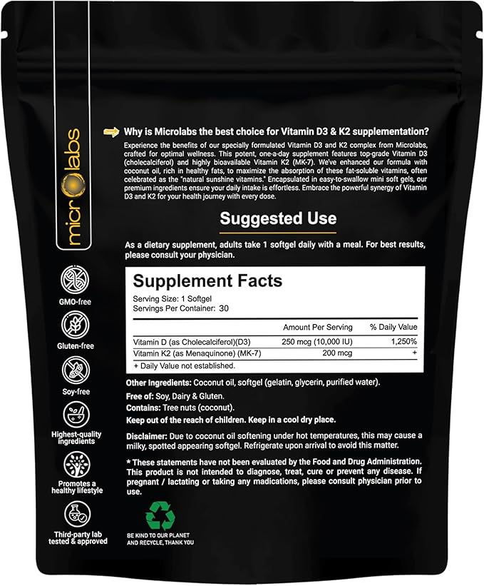 microlabs™ Extra Strength D3 K2 Vitamin 10000 IU Softgels with Coconut Oil – Vitamin d3 k2 Combined Supplement for Bone Immune &amp Heart Support – 180 Softgels