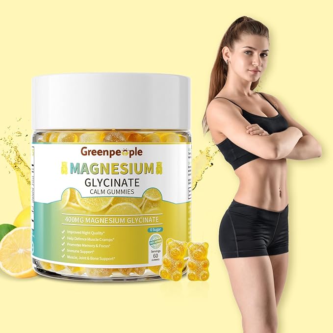 GREENPEOPLE Magnesium Glycinate Gummies 400mg - Sugar Free Magnesium Supplement with Magnesio Citrate Vitamin D and B6 for Calm Support &amp Sleep for Adults - High Absorption - Lemon Gummies