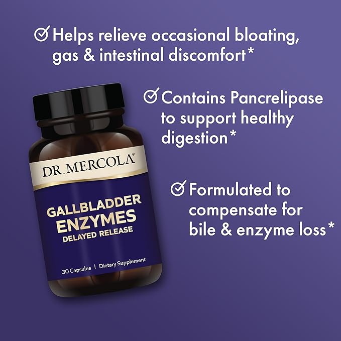 Dr. Mercola Gallbladder Enzymes - Gallbladder &amp Digestive Health Support - Includes Pancreatic Protease Amylase &amp Lipase - Non-GMO Gluten-Free &amp Soy-Free - 90 Delayed Release Capsules (9