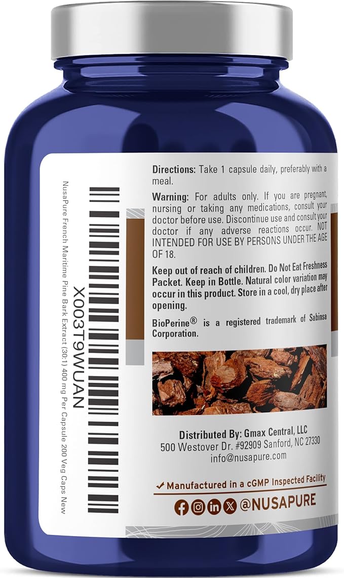 NusaPure French Maritime Pine Bark Capsules 400 mg 200 Veg Capsules (Non-GMO Vegan)