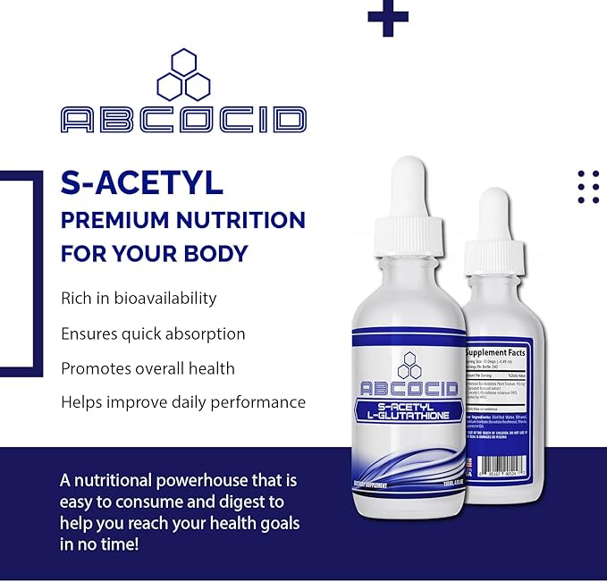 S-Acetyl L-Glutathione 95 mg 4 Oz Liquid 240 Servings Made in USA Quick Absorption Quality Potent Ingredients Non-GMO GMP Certified Cruelty-Free Products