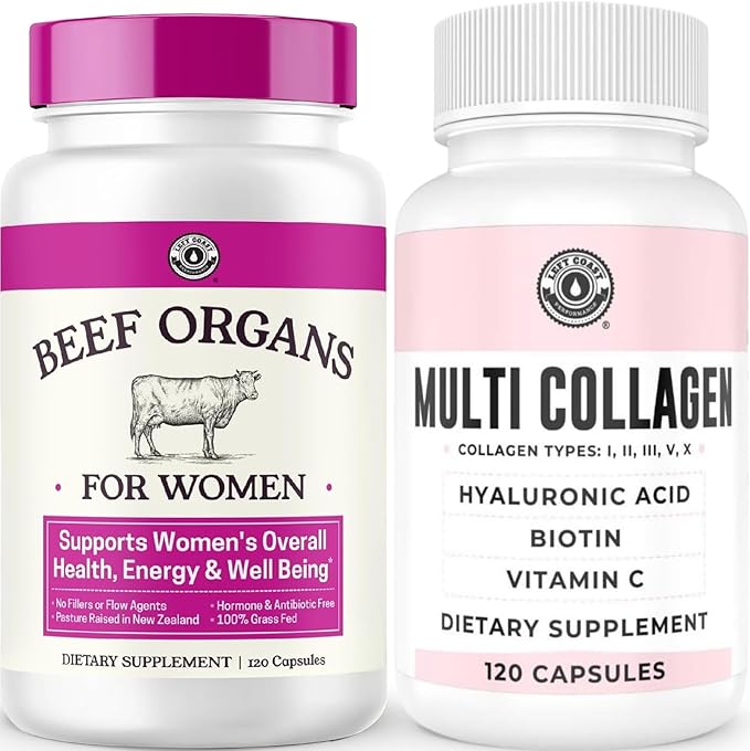Left Coast Performance Hydrolyzed Multi Collagen Peptides Capsules &amp Beef Organ Supplement for Women - Bovine Wellness Bundle for Women's Gut Health Energy Hormone Balance and Immune Support