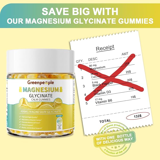 GREENPEOPLE Magnesium Glycinate Gummies 400mg - Sugar Free Magnesium Supplement with Magnesio Citrate Vitamin D and B6 for Calm Support &amp Sleep for Adults - High Absorption - Lemon Gummies