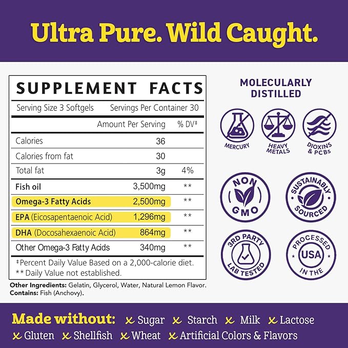 Omega-3 Fish Oil 3500 mg High EPA &amp DHA – No Fishy Taste Easy to Swallow Burpless Natural Lemon – Supports Heart Brain &amp Joint Health – 90 Softgels – Wild Caught.