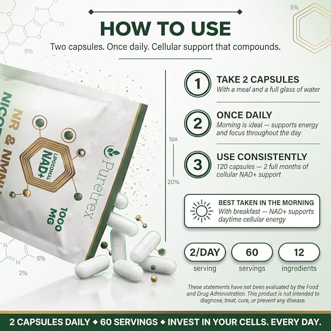 Liposomal NAD+ NR &amp NMNH Supplement | 1000mg Nicotinamide Riboside + Resveratrol | Advanced Cellular Energy &amp Brain Support | 120 Vegan Capsules