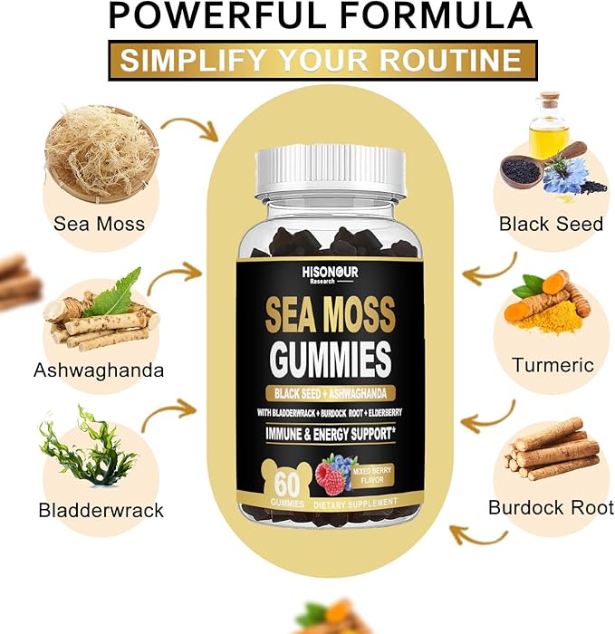 Sea Moss Gummies with Black Seed Oil Ashwagandha Ginger Irish Sea Moss for Immune &amp Energy Support Mixed Berry Flavor Vegan 60 Count