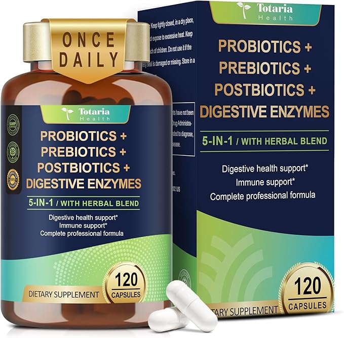 Totaria 5-in-1 60 Billion CFU Probiotic Prebiotic &amp Postbiotic for Women &amp Men w/Digestive Enzymes Slippery Elm Daily Complete Gut Health Digestive &amp Immune Support 4 Month Supply Ve