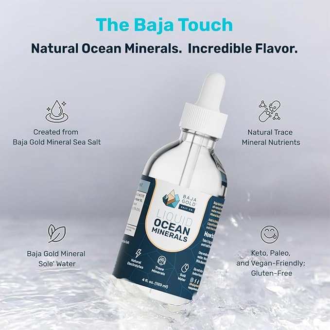 Baja Gold Liquid Ocean Trace Mineral Drops - Ionic Electrolyte Drops for Drinking Water &amp Food Flavor Enhancement - Mineral-Rich Saline Solution &amp Oral Cleanse - 4 fl oz 30-Day Supply