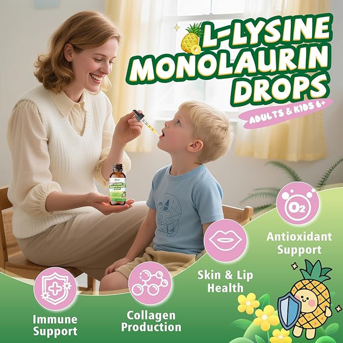 L-lysine Monolaurin Liquid Drops Lysine 1000mg Supplement for Kids &amp Adults with Vitamin C &amp D3 Zinc Citrate Selenium Quercetin &amp Elderberry Extract Immune Support Lip &amp Skin He