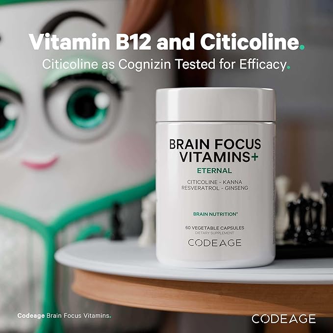 Codeage Brain Focus Vitamins+ Nootropic Supplement with Citicoline as Cognizin Panax Ginseng Resveratrol Gotu Kola Vitamin B12 Methylcobalamin - Liposomal Delivery - Non-GMO - 60 Capsules