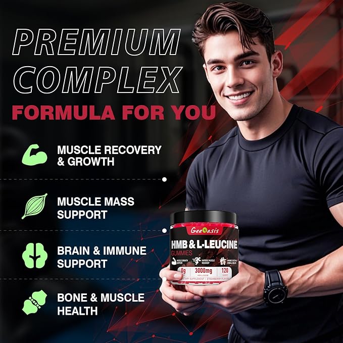 HMB and L-Leucine Gummies Chewable HMB Amino Acid and Leucine Supplement for Men &amp Women Muscle Health &amp Growth Immune Support &amp Overall Health Vegan Strawberry Flavor 120 Count