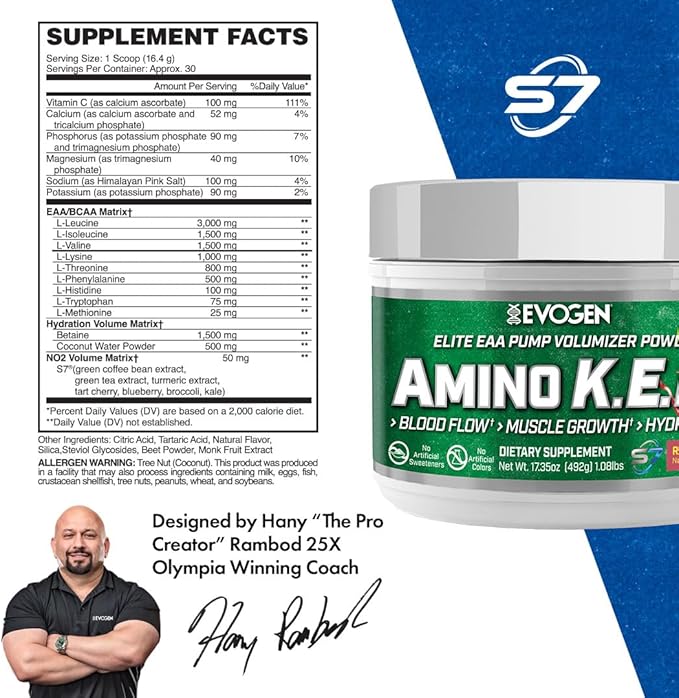 Evogen Amino K.E.M. - EAA &amp BCAA Powder Pump Volumizer | BCAAs Amino Acids Supplement for Blood Flow Muscle Growth &amp Hydration | Natural Sweetened Raspberry Lemonade | 30 Servings