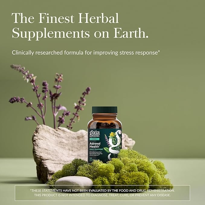 Gaia Herbs Adrenal Health Daily Support - Herbal Supplement with Ashwagandha Holy Basil &amp Schisandra - Help Maintain Healthy Energy &amp Stress Levels* - 120 Vegan Liquid Phyto-Caps (60 Servings