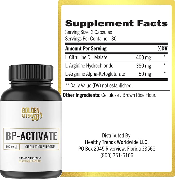 Golden After 50 BP-Activate - Nitric Oxide Supplement with Essential Amino Acids - Blood Circulation and Heart Health Support Supplement - 3 Bottles - 800mg L Arginine AAKG L Citrulline