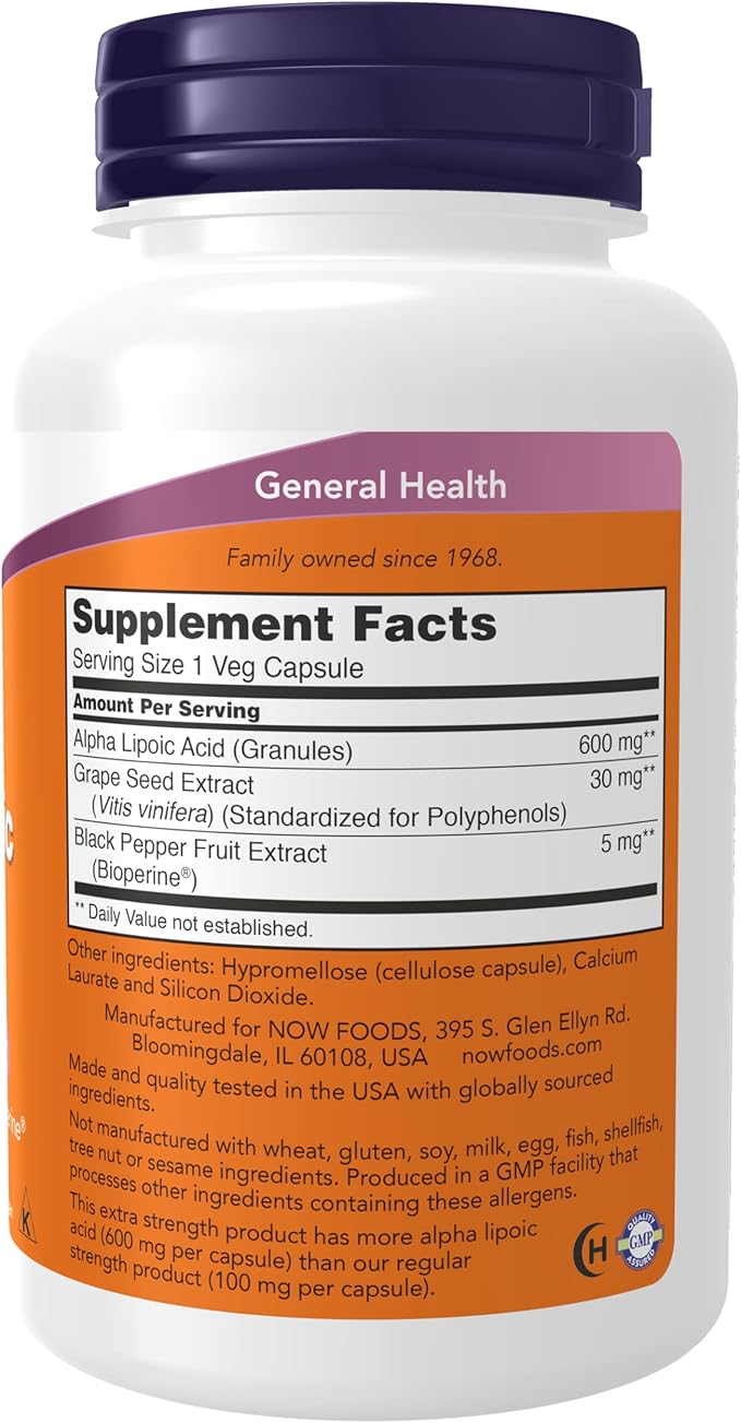 NOW Foods Supplements Alpha Lipoic Acid 600 mg with Grape Seed Extract &amp Bioperine® Extra Strength 120 Veg Capsules