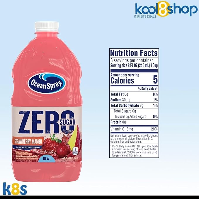 Ocean Spray Strawberry Mango Zero Sugar Fruit Juice Drink 64 fl oz 4 Pack + 15 Sugarcane Disposable Straws by KOOL8SHOP Infinite Deals