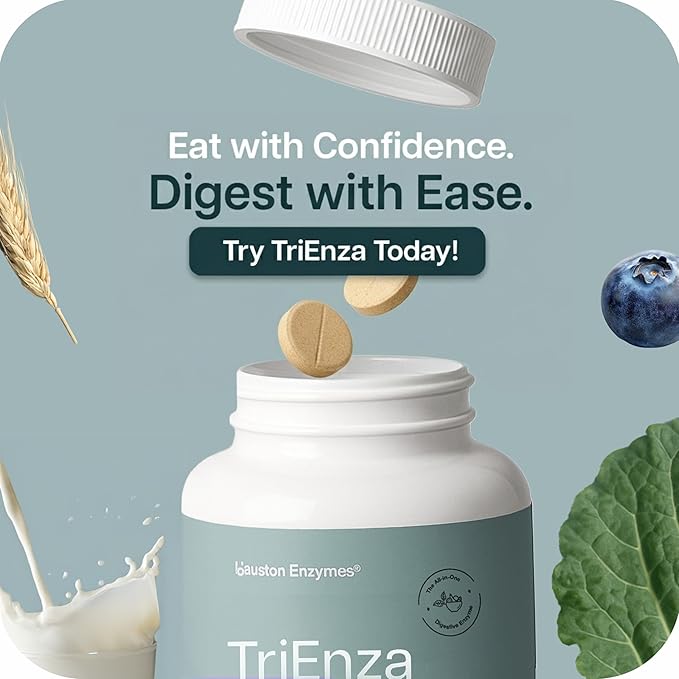 Houston Enzymes TriEnza - Digestive Enzyme Supplement for Gluten Casein Soy Proteins Carbohydrates Fats &amp Polyphenols - Digestive Enzymes for Women &amp Men (180 Chewable Tablets)