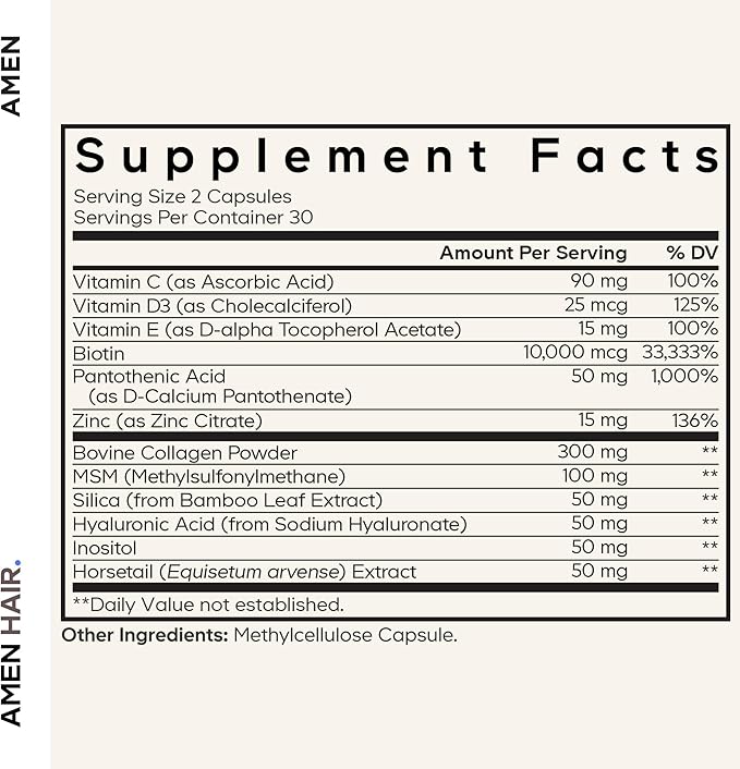 Amen Hair Vitamins - 10000 mcg Biotin Collagen Powder - Vitamin C D3 &amp E Pantothenic Acid MSM Zinc Hyaluronic Acid Inositol &amp Horsetail Extract - Non-GMO Hair Pill Supplements - 60 Cap