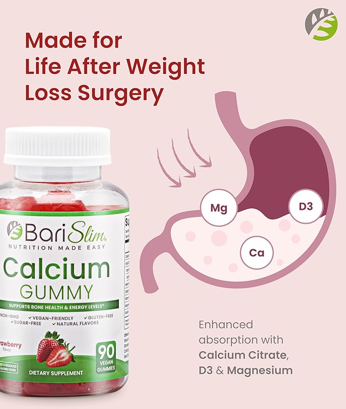 BariSlim Bariatric Calcium Gummies - Specially Formulated Bariatric Vitamins for Patients After Weight Loss Surgery - Supports Energy Levels &amp Bone Health | Strawberry (90 Vegan Gummies)