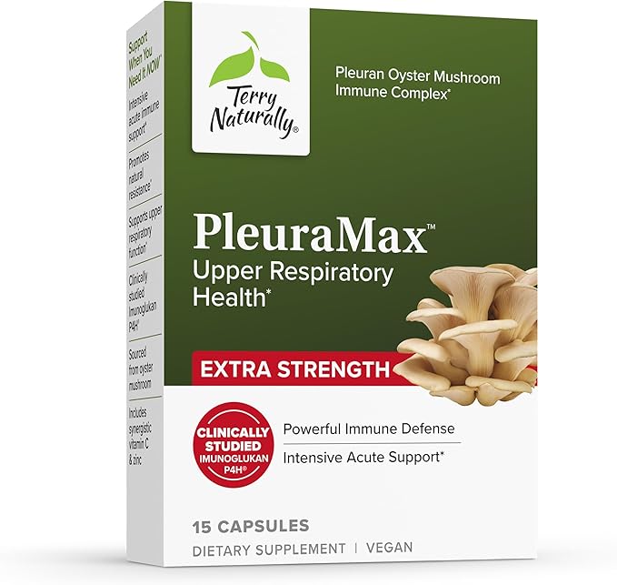 Terry Naturally PleuraMax Extra Strength - Upper Respiratory Health Supplement - Sourced from Oyster Mushrooms - Includes Vitamin C &amp Zinc for Immune Support - Vegan - 15 Capsules (15 Servings)