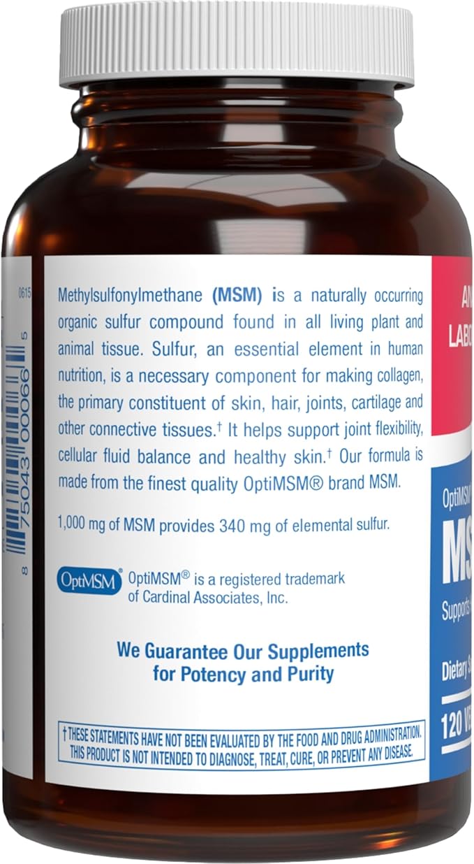 Methylsulfonylmethane MSM Supplement 1000mg - High Strength Soft Tissue &amp Joint Support Supplement with MSM from OptiMSM - Vegetarian Non-GMO &amp Made in the USA in cGMP Facilities - 60 Servings