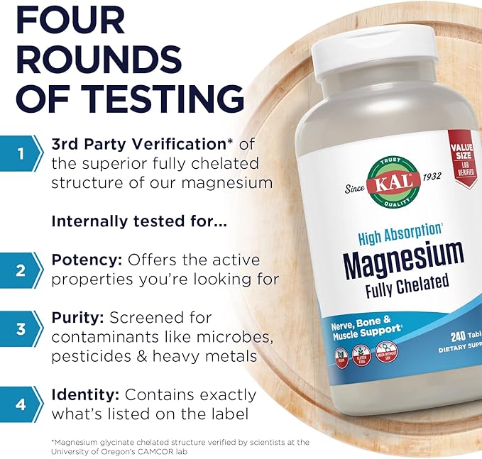 KAL Magnesium Glycinate Tablets Fully Chelated High Absorption Formula with Magnesium Bisglycinate Chelate for Nerve Muscle &amp Bone Health Support Vegan Gluten Free Value Size 240 Tablets