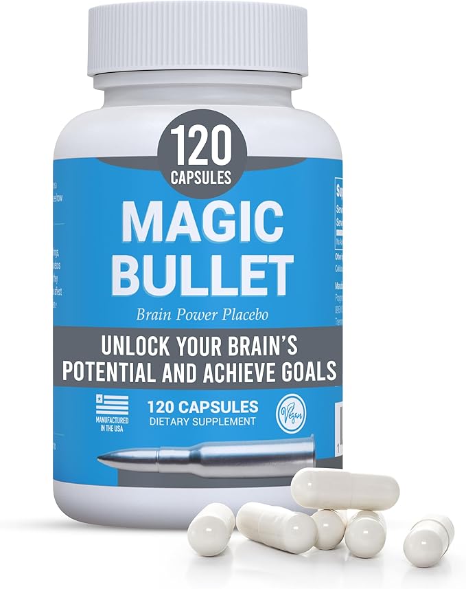 Magic Bullet Placebo Pills - 2 Pack – Happy Pills for Stress Relief – 120 White Vegan Capsules to Regain Confidence – Inert Capsules for Reaching Your Goals – Suitable for Adults Teens Men Women