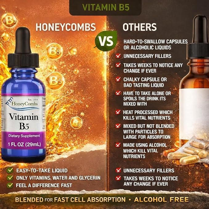 HoneyCombs Vitamin B5 Liquid Drops Pantothenic Acid 500% DV Liquid B5 Supplement Vegan Vitamin B Complex Liquid Fast Absorbing Vitamin Drops Daily Nutritional Support for Adults 1oz