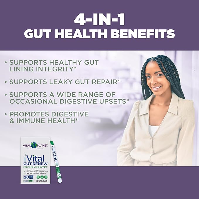 Vital Planet - Vital Gut Renew Powder Supplement for Leaky Gut Repair with L-Glutamine Marshmallow and Ginger Root DGL Licorice Root and Organic Aloe Vera L Glutamine 6000mg 20 Single Serve Packs