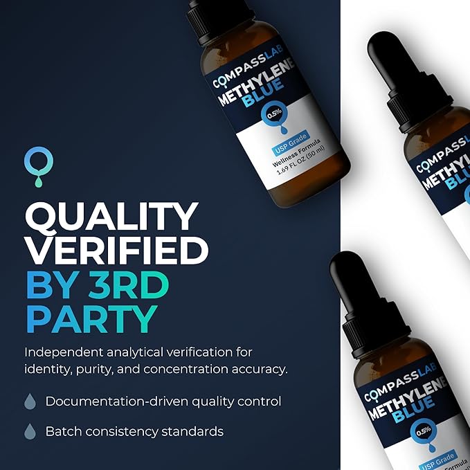 COMPASS LABORATORY Methylene Blue Pharmaceutical Grade USP Grade Third-Party Tested Dietary Supplement for Humans No Formaldehyde Made in USA (0.5% 50ml Bottle)