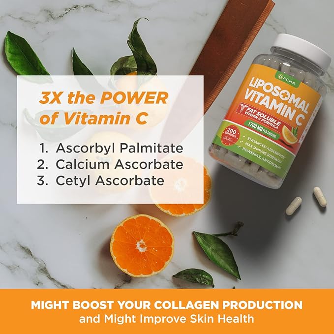DACHA Natural Liposomal Vitamin C - 1700mg 200 Capsules Immune System &amp Collagen Booster High Absorption Fat Soluble VIT C Buffered Skin Vitamins Vegeterian Vegan