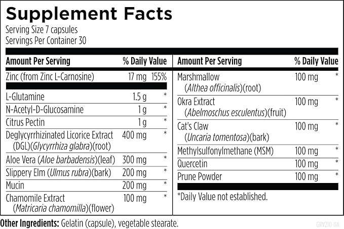 Designs for Health GI Revive - Slippery Elm Gut Health Support with Licorice Root L-Glutamine + Zinc Carnosine - MSM Marshmallow Root Powder + Okra Extract (210 Capsules)