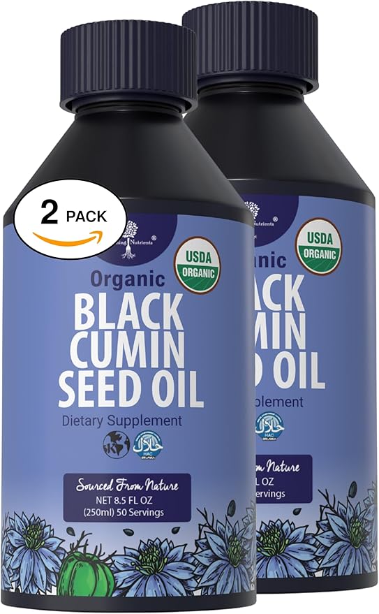 Organic Black Cumin Seed Oil - USDA - Cold Pressed – up to 6X Stronger Thymoquinone - Pure Nigella Sativa Cumin Seeds Premium Supplement - Overall Wellness Skin &amp Hair Vitality 8.5oz x 2 pack