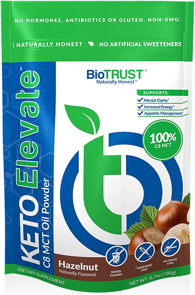 BioTrust Keto Elevate – C8 MCT Oil Powder – Ketogenic MCT Coffee Creamer Keto Coffee Creamer – Clean Energy Mental Focus &amp Clarity – 100% Caprylic Acid MCT Powder Non-GMO (Hazelnut 20 Servings